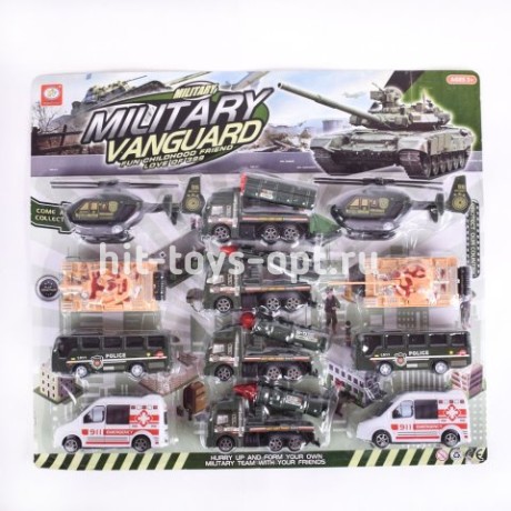 Набор машинок инерция (военные) + скорая на листе