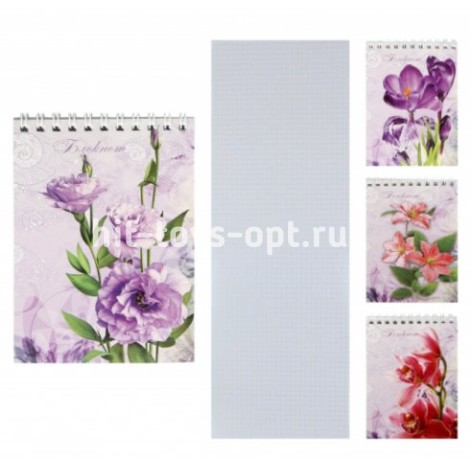 Блокнот А6, 40л, клетка, на евроспирали, ассорти 4 вида Прелестный цветок