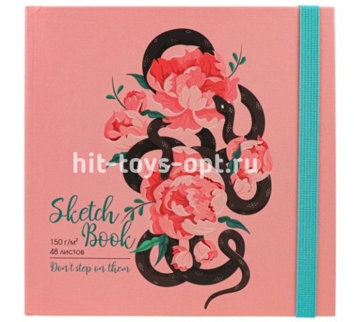 Скетчбук 48л. 150гр. 7БЦ, матовая ламинация, ляссе, лен, резинка, 165х165мм, в ассорти