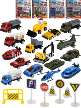 Набор машинок"Спецтехника"(25,9х21,4х3см)(4 машинки,дорож.знаки,4 вида микс)в блист.