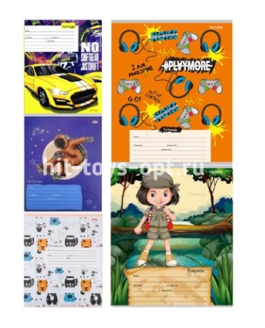 Тетрадь 12 листов, косая линия, Принт в ассорти