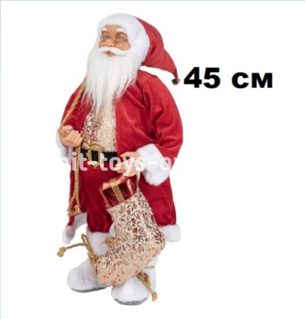 Дед Мороз 45см в однотонном красн костюме с мешком, звенящий бубенчик, в пакете 211802