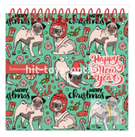 Книжка записная А6+ 128 л. "Праздничные мопсы" 7Бц, мат. ламинация