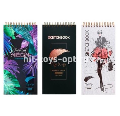 Скетчбук, белая бумага 210г/м2, 350*160мм, 40л, спираль верх, без линов., обложка - твердый, ассорти