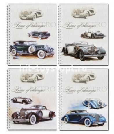 Тетрадь 80 л. кл. греб. АВТОМОБИЛИ ПРОШЛОГО А5 мел. карт. рельеф.лак