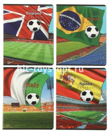 Тетрадь 48 листов клетка "Футбольные державы", обложка картон хромэрзац, 4 вида