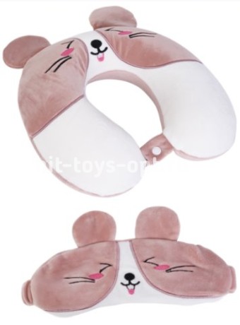 Подушка дорожная с эффектом памяти, маска для сна. Набор 2 в 1. Милая мышка, бежевая