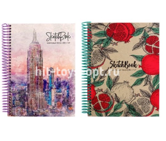 Скетчбук, белая бумага 80г/м2, А5, 80л, спираль, без линовки, обложка - глянцевый ламинирован. ассор