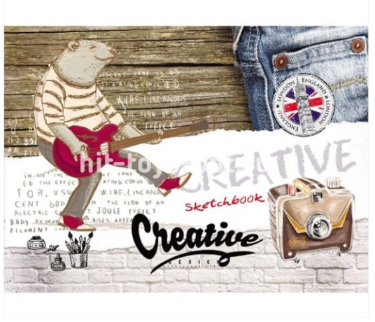 Скетчбук А5, 40л. МЕДВЕДЬ-ГИТАРИСТ (40-3909) скрепка, обл. мелов. картон, глянцевая лам., альбомный