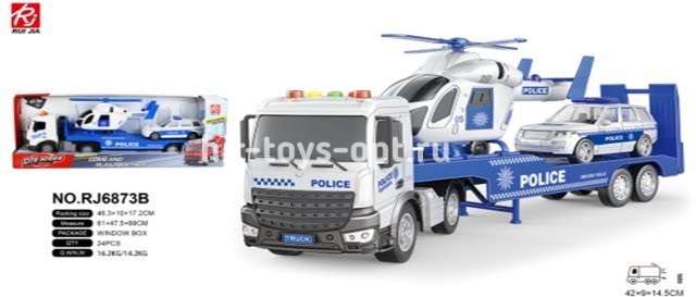 Автовоз инерционный светомузыкальный +вертолет+машинка полиция, 47*17см