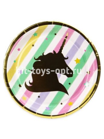 Бумажные тарелки с золотым тиснением Единорог,18 см,6 шт, еврослот