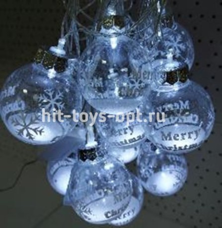 гирлянда нить диод 10л, пластиковый шарикСНЕЖИНКА С НАДПИСЬЮ 5.7см, 5М,  , пр упак (5М/10Л) Холодный