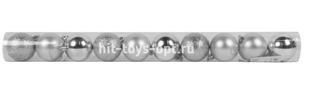 Набор шаров 6см 10шар 1цв 4вида (матовый/глянец/искра/с кружочками) в тубусе серебро