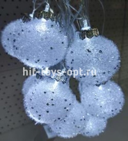 гирлянда нить диод 10л, пластиковый шарик БАРХАТ 5.7см, 5М,  , пр упак (5М/10Л) Холодный Белый