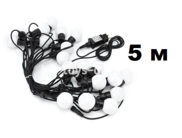 Гирлянда нить диод  5м/10л, лампочка-плас бел шарик 5см, RGB, черн пр, с переходником, G50RGB, УЛИЦА