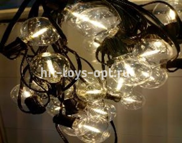 Гирлянда нить диод 10м/25л ПРОЗРАЧНЫЙ ШАРИК 4см  цв-т/бел.(постоян свечение), черн пр с послед.подкл