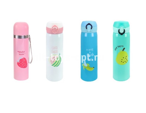 Термос с крышкой- защелкой, Милые фрукты, 500 мл, розовый