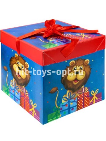Коробка складная Поздравление от льва 15х15х15 см, с лентой