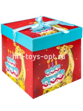 Коробка складная Поздравление от жирафика 15х15х15 см, с лентой