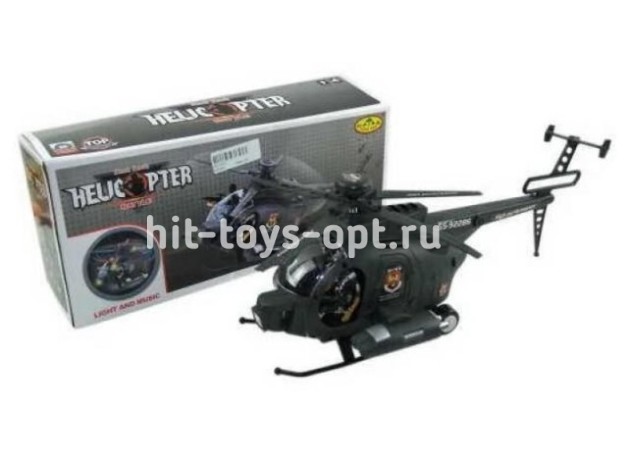 Вертолет черный светомузыка +солдатик, в кор, солдадик, навесные элементы размер 34*14