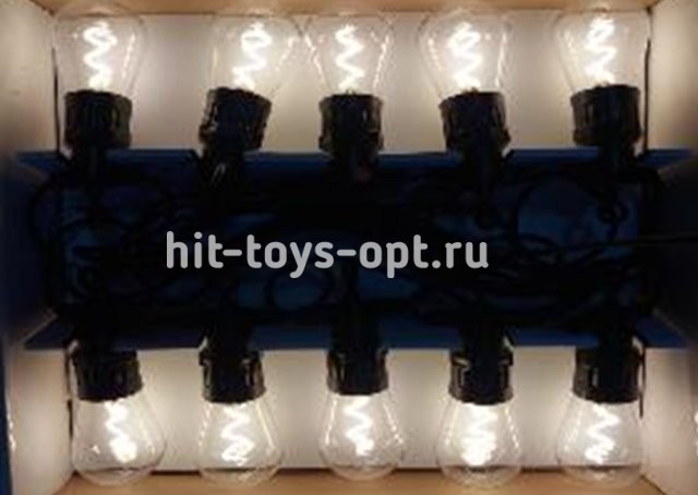 Гирлянда уличная 5м/10л, лампочка-прозр РЕТРО(зигзаг), цвет-бел.(постоян.свеч.), черн пр, с переходн