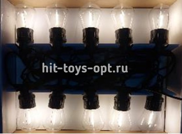 Гирлянда уличная 5м/10л, лампочка-прозр РЕТРО(малая), цвет-т/бел(постоян.свеч.), черн пр, с переходн