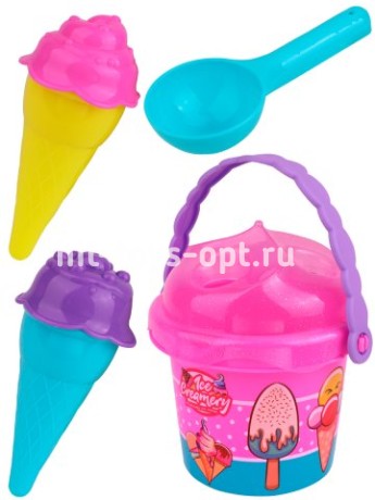 Песочный набор "Мороженое"(ведерко,крышка,лопатка,2 рожка,формочки,в сетке) цвет микс