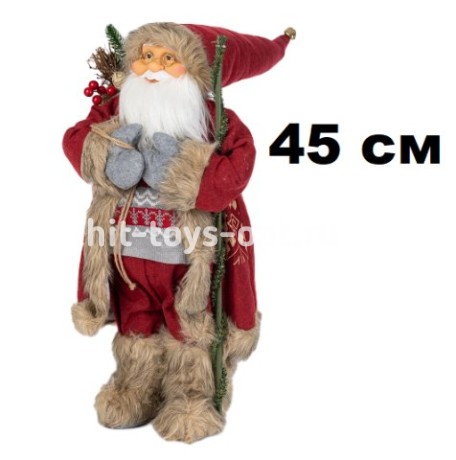 Дед Мороз 45см в однотонном крас костюме с коричн пушком, в пакете 201816