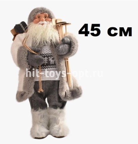 Дед Мороз 45см в бело-сером костюме, с оленями на свитере, в пакете 201824