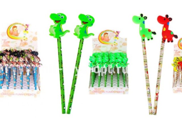 Карандаш ч/г, незаточен, Животные в ассорти с рез. фигуркой