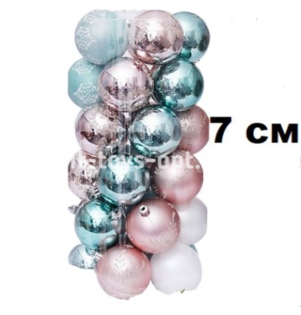 Набор шаров 7см 24шар 3цв (изумрудн,роз,бел) 3вида (искра,мишура внутри,вып.рис) в тубусе 00119