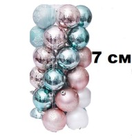 Набор шаров 7см 24шар 3цв (изумрудн,роз,бел) 3вида (искра,мишура внутри,вып.рис) в тубусе 00119