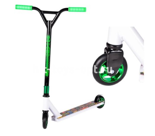 Самокат трюковой Белый, мет. спицы, дэка: дл≈48,5см, ш≈10см, толщ≈2,5см, h руля≈82,d колеса -10 см