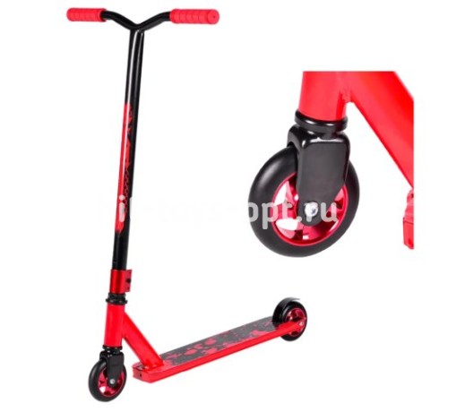 Самокат трюковой Красный, мет. спицы, дэка: дл≈48,5см, ш≈10см, толщ≈2,5см, h руля≈82,d колеса -10 см