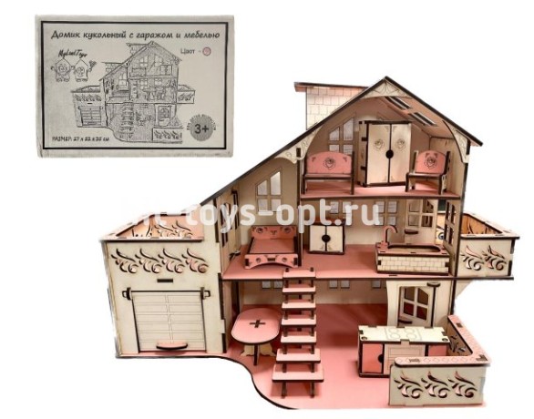 Дом с Гаражом с Мебелью, из дерева размер 53см*35см*27см