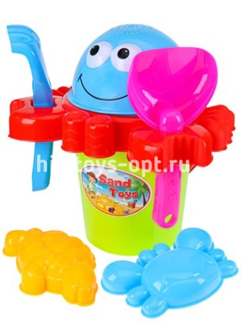 Песоч. набор "Смайлик"(ведо,лопатка,грабли,сито,2 формочки) в сетке (27х21х27) цв.микс