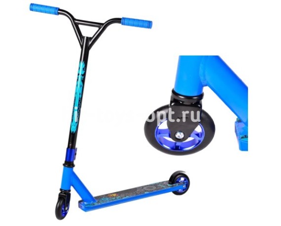 Самокат трюковой Синий, мет. спицы, дэка: дл≈48,5см, ш≈10см, толщ≈2,5см, h руля≈82,d колеса -10 см