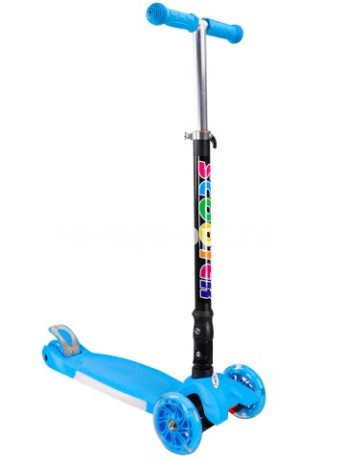 Самокат 3-х колесный (57*14*63-85)кол. 11,8/8см,PU,свет.,дека свет+муз.голуб