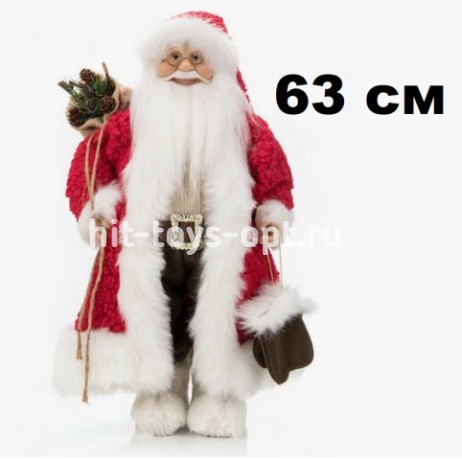 Дед Мороз 63см в бордовом костюме с бел орнаментом с мишкой и мешком с подарками, в пакете 192418