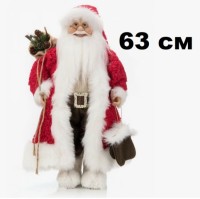 Дед Мороз 63см в бордовом костюме с бел орнаментом с мишкой и мешком с подарками, в пакете 192418