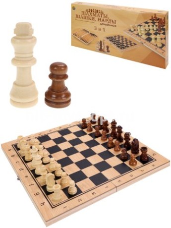Игра 3 в 1 дерево (нарды, шашки, шахматы) (29х14.5х3 см) фигуры-дерево в коробке
