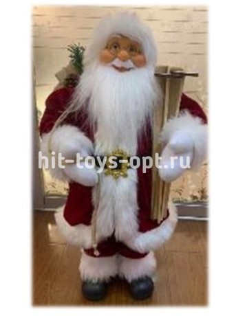 Дед Мороз 63см в бордовом костюме с лыжами, и мешком с подарками, в пакете 222425
