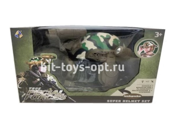 Шлем военного с аксессуарами свет, муз, бинокль, очки, микрофон,динамик, размер 37*26