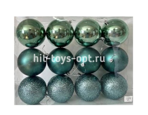 Набор шаров 10см 12шар 1цв однотонные глянец/искра/матовый, в пр уп С РУЧКОЙ 00075