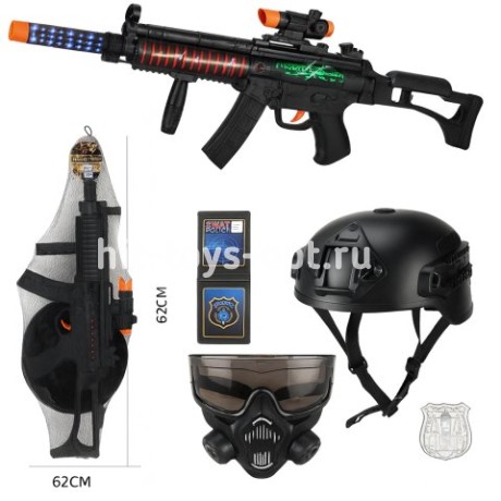 Набор полиция свето-муз автомат, значок, маска+шлем 61*24