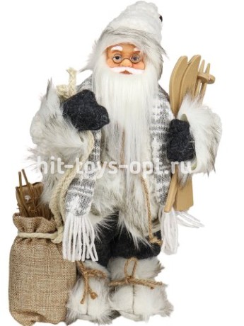 Сувенир Дед Мороз в серой шубе с белым мехом и лыжами, 35см