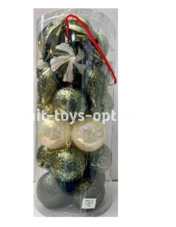 Набор на елку 33предмета 83311 18шар 8см 3вида (искра5,узор9,жемчуг4), 3вида сосулек (узор4,дольки7,