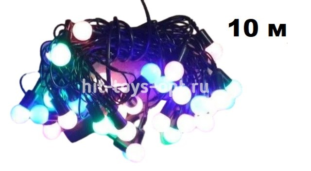 гирлянда нить диод 100л/10м+1 "ЖЕМЧУЖНЫЕ ШАРИКИ"(2 см), черн пр с переходником, УЛИЦА, в упак, Q050