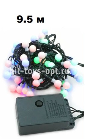 Гирлянда нить диод 60л/9,5м+1БЕЛЫЙ ШАРИК (2.8см), цв-мульти, черн пр с переходником  УЛИЦА, 6010