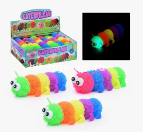 Антистресс Гусеница Ёжик 5 цветов 17см. + СВЕТ, в уп 12шт. цена за шт.
